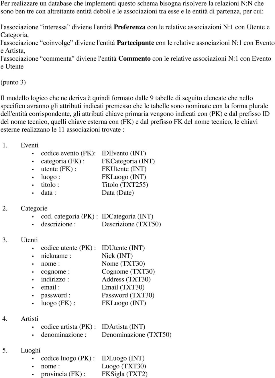 con Evento e Artista, l'associazione commenta diviene l'entità Commento con le relative associazioni N:1 con Evento e Utente (punto 3) Il modello logico che ne deriva è quindi formato dalle 9 tabelle