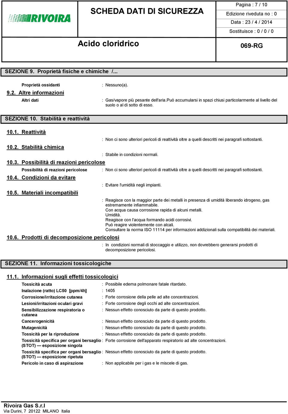 Possibilità di reazioni pericolose Possibilità di reazioni pericolose 10.4. Condizioni da evitare 10.5. Materiali incompatibili 10.6. Prodotti di decomposizione pericolosi SEZIONE 11.