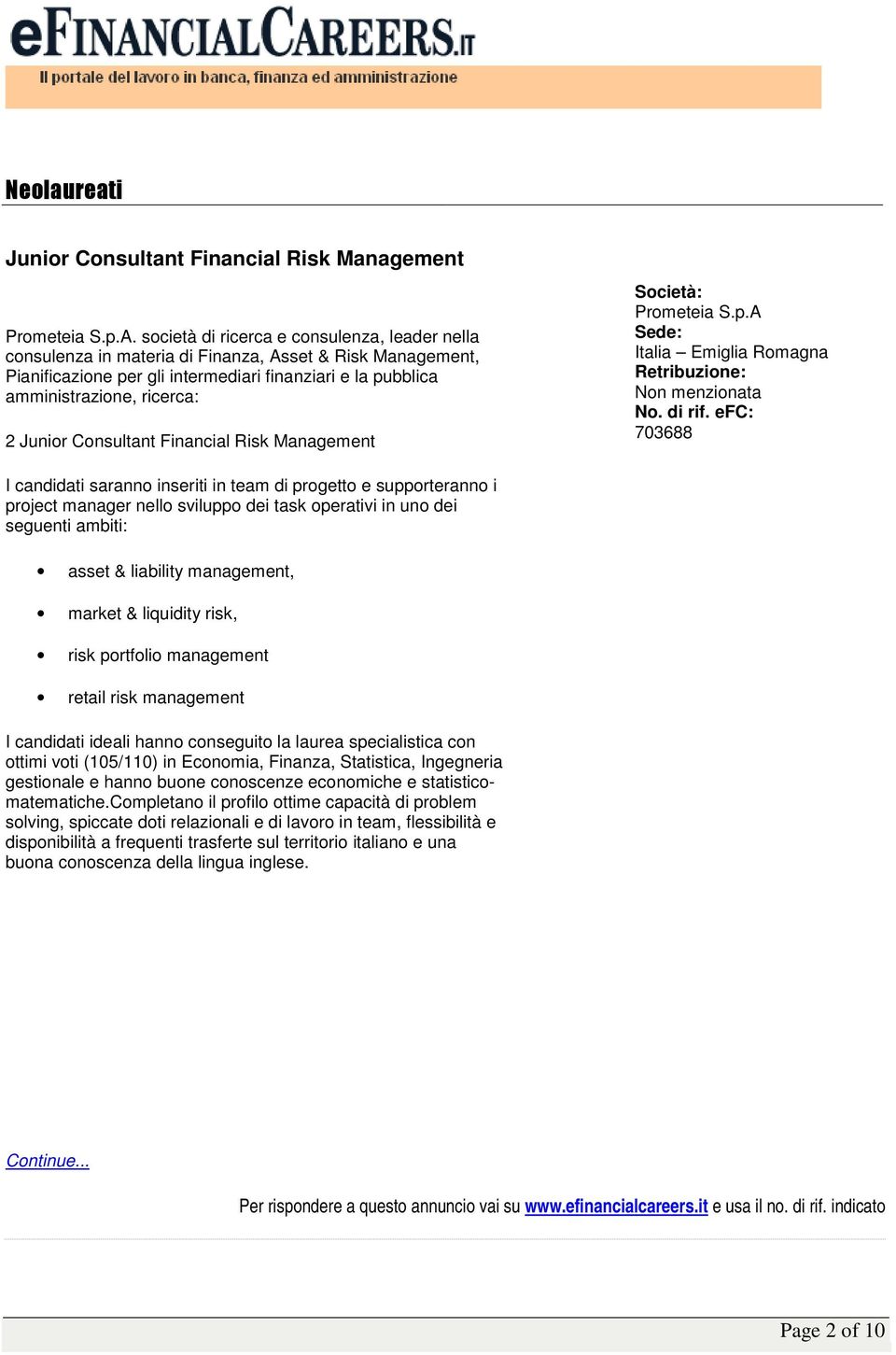 Junior Consultant Financial Risk Management Prometeia S.p.