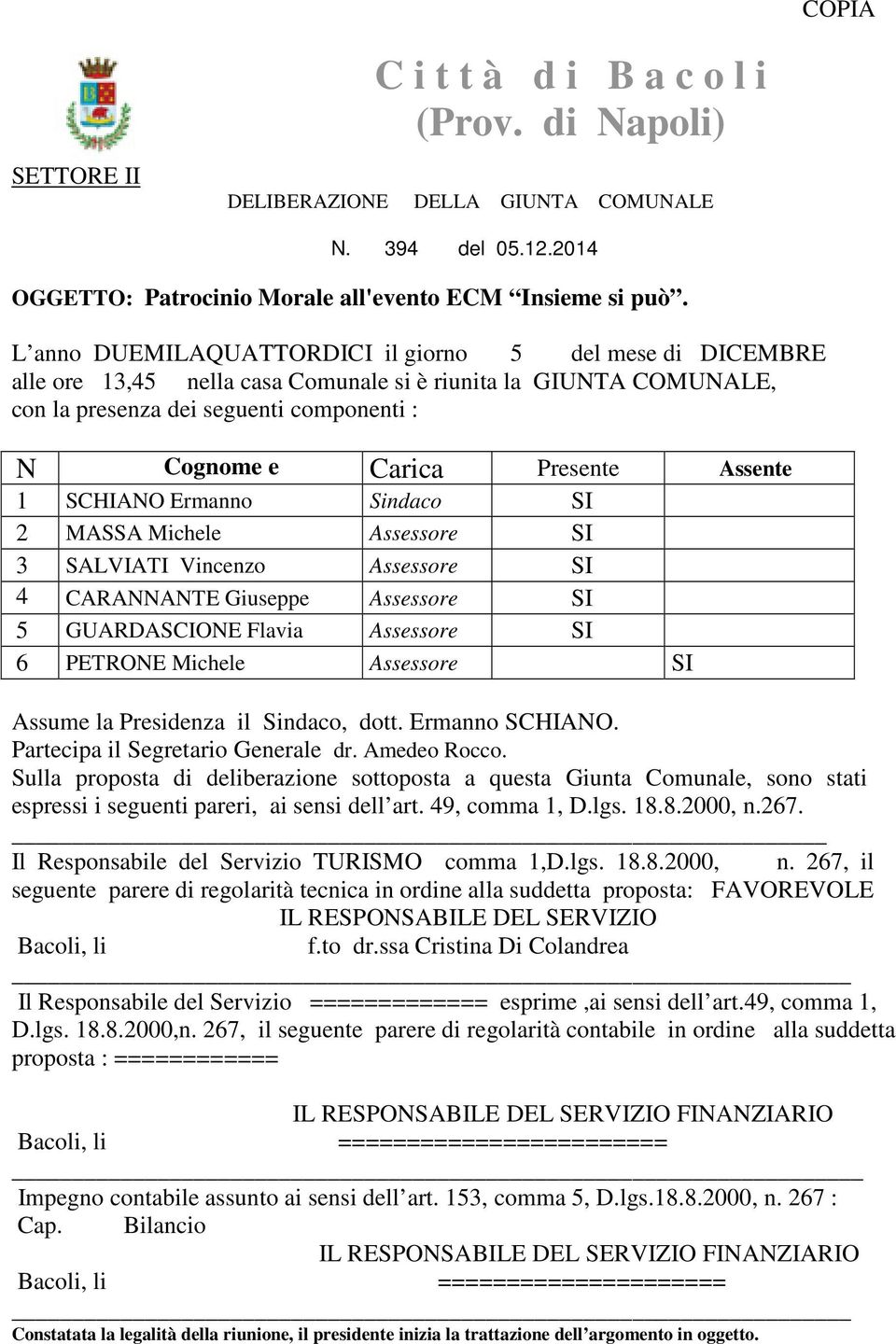 Assente 1 SCHIANO Ermanno Nome Sindaco SI 2 MASSA Michele Assessore SI 3 SALVIATI Vincenzo Assessore SI 4 CARANNANTE Giuseppe Assessore SI 5 GUARDASCIONE Flavia Assessore SI 6 PETRONE Michele