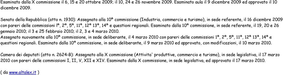 Esaminato dalla 10ª commissione, in sede referente, il 19, 20 e 26 gennaio 2010; il 3 e 25 febbraio 2010; il 2, 3 e 4 marzo 2010.