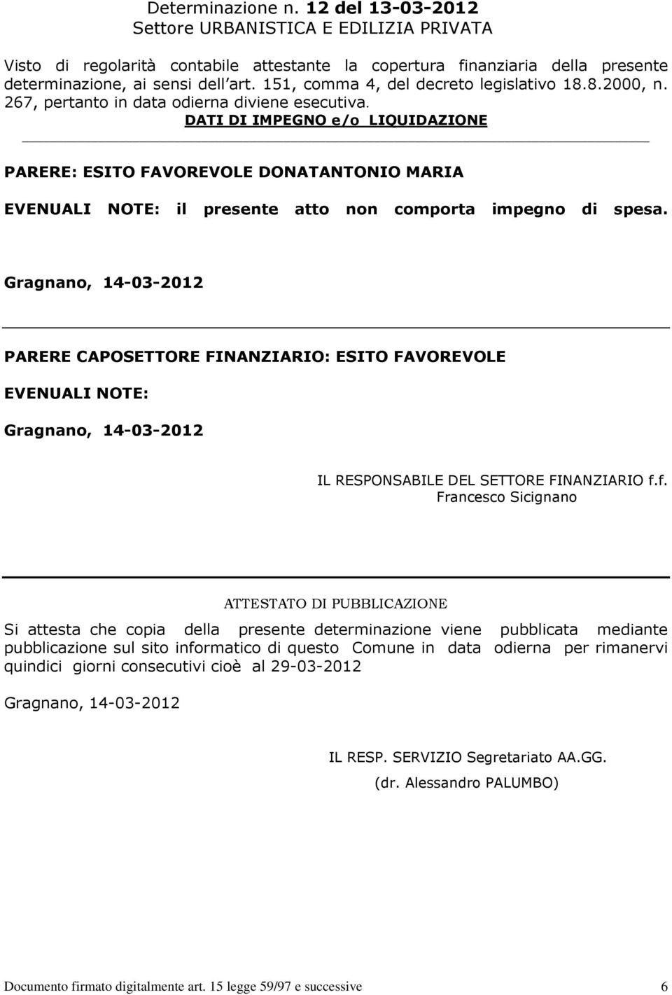 DATI DI IMPEGNO e/o LIQUIDAZIONE PARERE: ESITO FAVOREVOLE DONATANTONIO MARIA EVENUALI NOTE: il presente atto non comporta impegno di spesa.