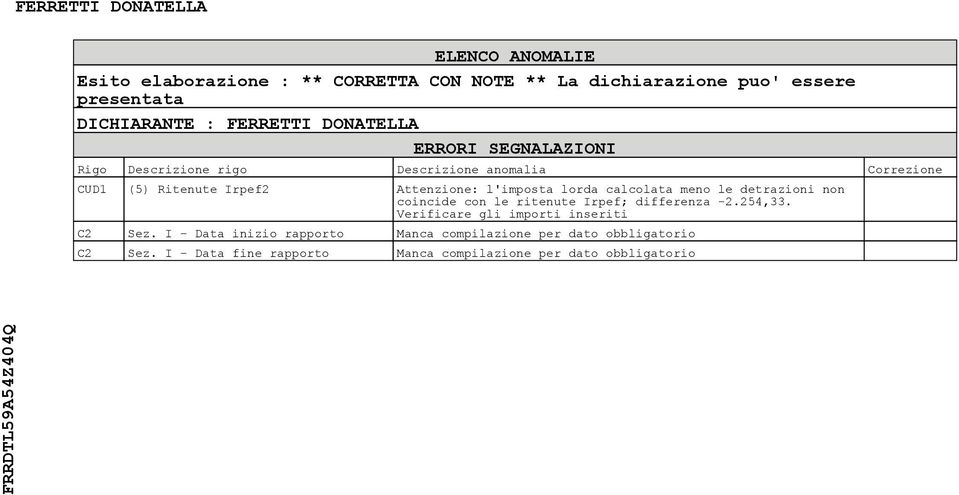 lorda calcolata meno le detrazioni non coincide con le ritenute Irpef; differenza -.,. Verificare gli importi inseriti C Sez.