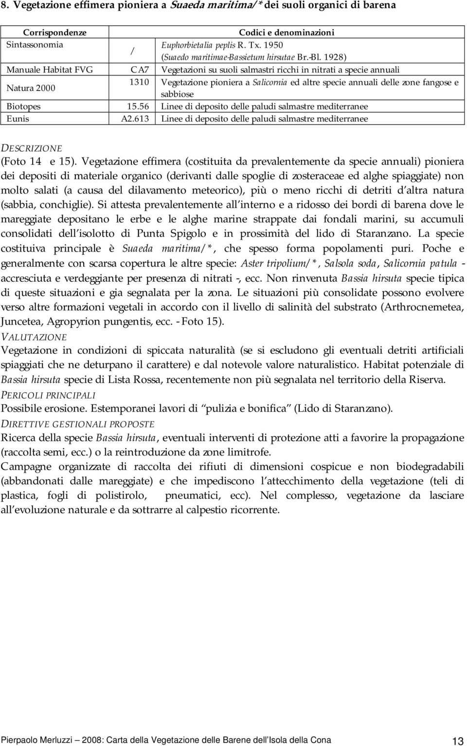 1928) Manuale Habitat FVG CA7 Vegetazioni su suoli salmastri ricchi in nitrati a specie annuali Natura 2000 1310 Vegetazione pioniera a Salicornia ed altre specie annuali delle zone fangose e