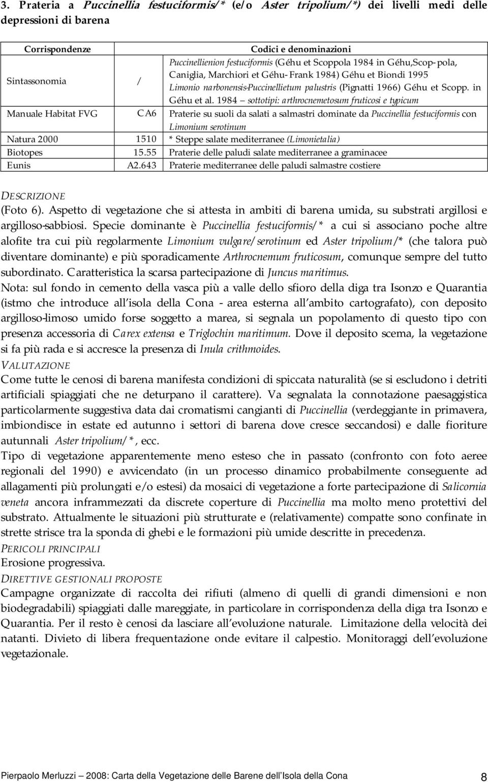 1984 sottotipi: arthrocnemetosum fruticosi e typicum Manuale Habitat FVG CA6 Praterie su suoli da salati a salmastri dominate da Puccinellia festuciformis con Limonium serotinum Natura 2000 1510 *