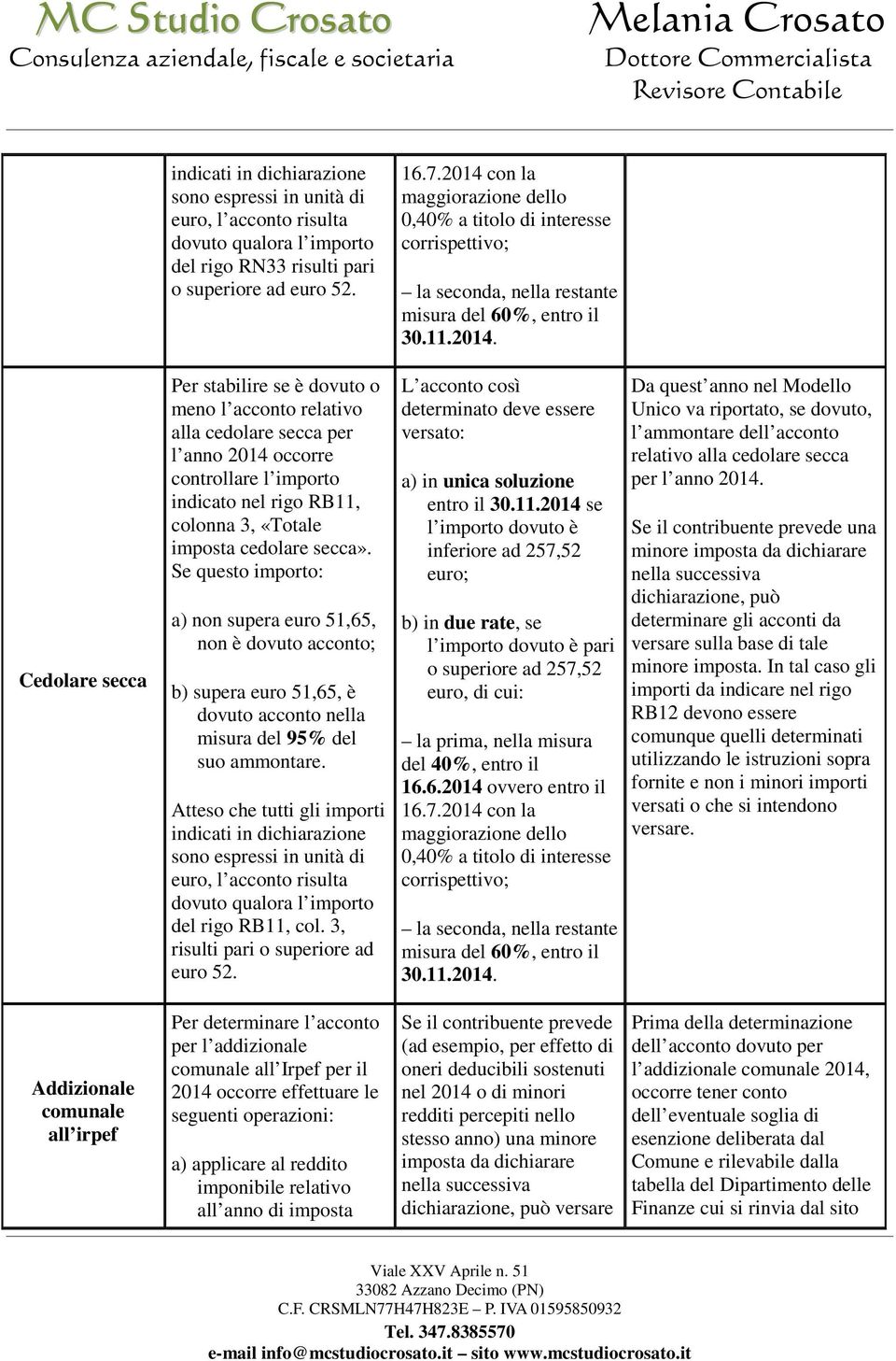 relativo alla cedolare secca per l anno 2014 occorre controllare l importo indicato nel rigo RB11, colonna 3, «Totale imposta cedolare secca».