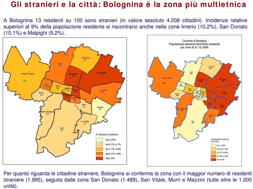 Incidenze relative superiori al 9% della popolazione residente si riscontrano anche nelle zone Irnerio (1,2%), San Donato
