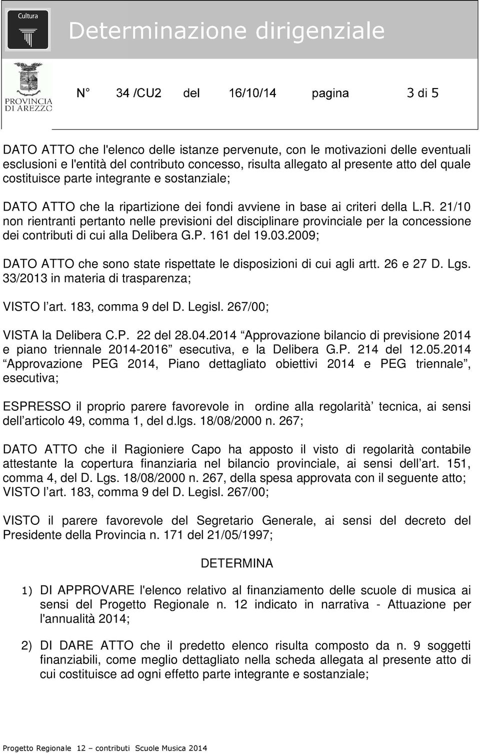 21/10 non rientranti pertanto nelle previsioni del disciplinare provinciale per la concessione dei contributi di cui alla Delibera G.P. 161 del 19.03.