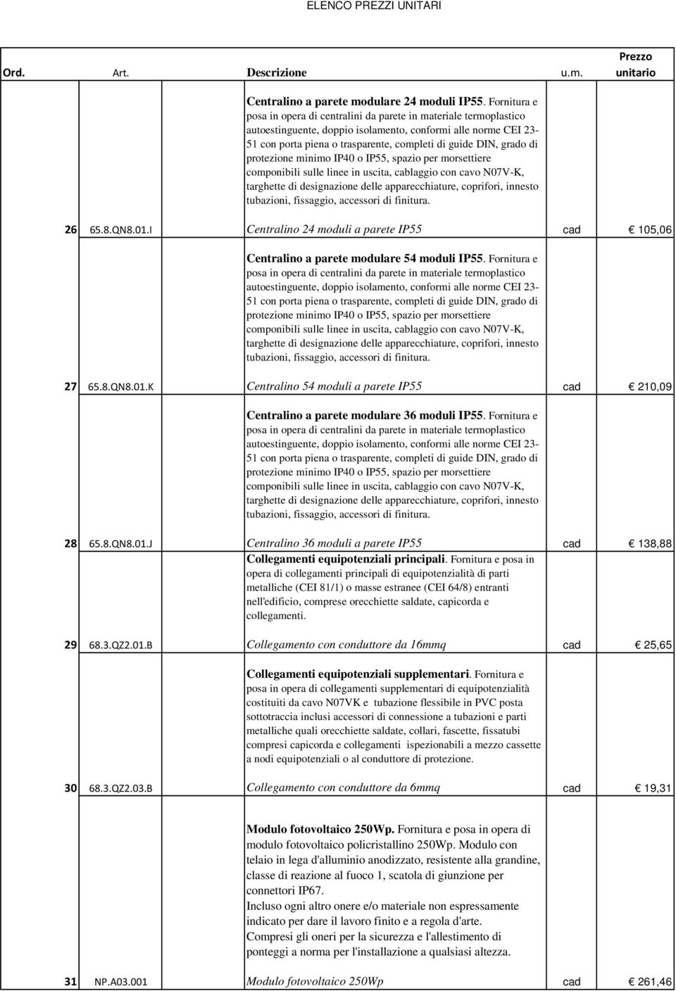 grado di protezione minimo IP40 o IP55, spazio per morsettiere componibili sulle linee in uscita, cablaggio con cavo N07V-K, targhette di designazione delle apparecchiature, coprifori, innesto