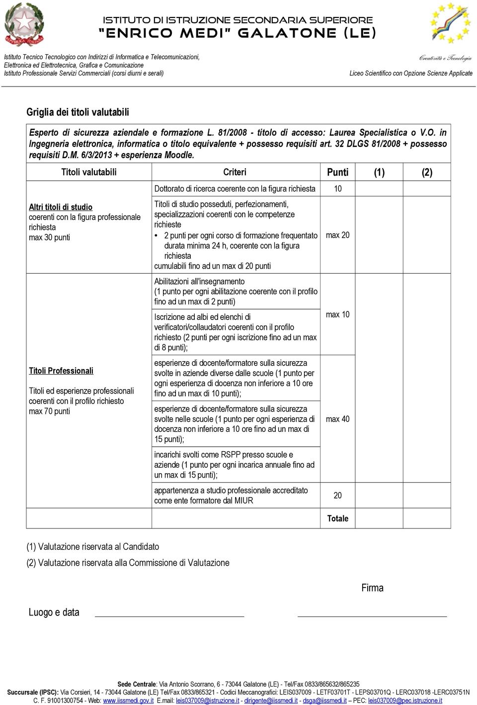 Titoli valutabili Criteri Punti (1) (2) Altri titoli di studio coerenti con la figura professionale max 30 punti Titoli Professionali Titoli ed esperienze professionali coerenti con il profilo