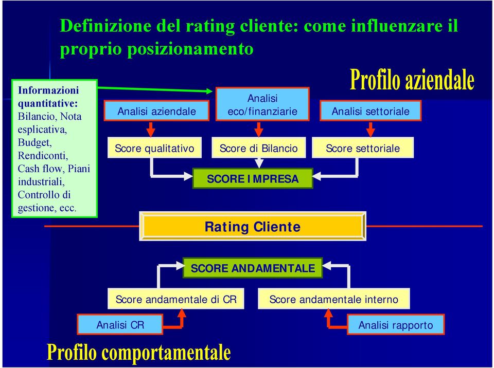 Analisi aziendale Analisi eco/finanziarie Analisi settoriale Score qualitativo Score di Bilancio Score
