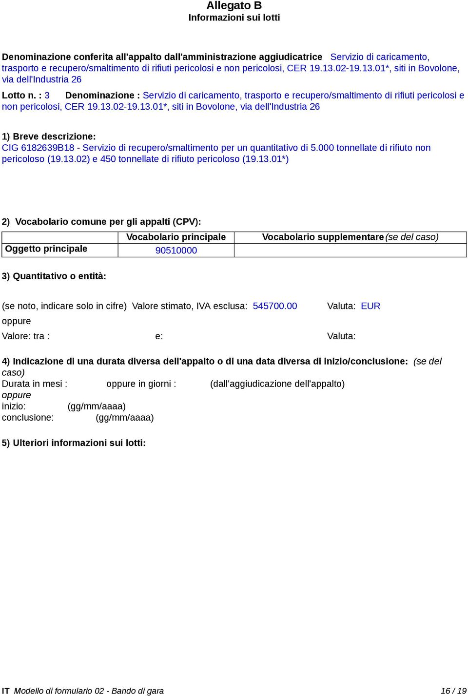 : 3 Denominazione : Servizio di caricamento, trasporto e recupero/smaltimento di rifiuti pericolosi e non pericolosi, CER 19.13.