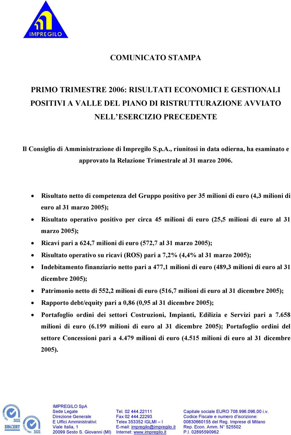 Risultato netto di competenza del Gruppo positivo per 35 milioni di euro (4,3 milioni di euro al 31 marzo 2005); Risultato operativo positivo per circa 45 milioni di euro (25,5 milioni di euro al 31