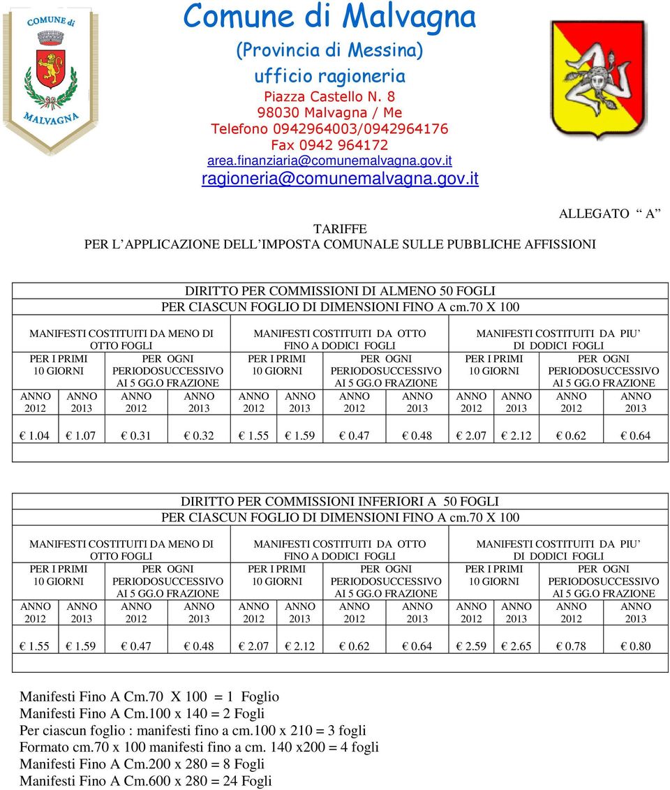 it ALLEGATO A TARIFFE PER L APPLICAZIONE DELL IMPOSTA COMUNALE SULLE PUBBLICHE AFFISSIONI DIRITTO PER COMMISSIONI DI ALMENO 50 FOGLI PER CIASCUN FOGLIO DI DIMENSIONI FINO A cm.
