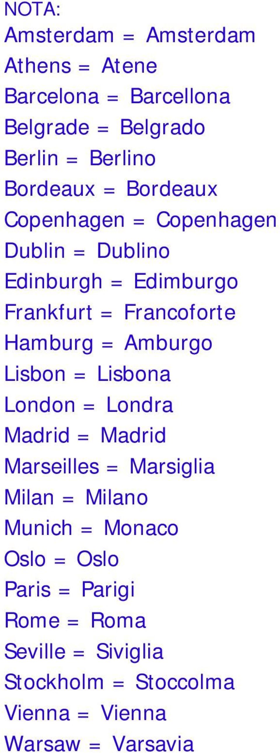 Hamburg = Amburgo Lisbon = Lisbona London = Londra Madrid = Madrid Marseilles = Marsiglia Milan = Milano