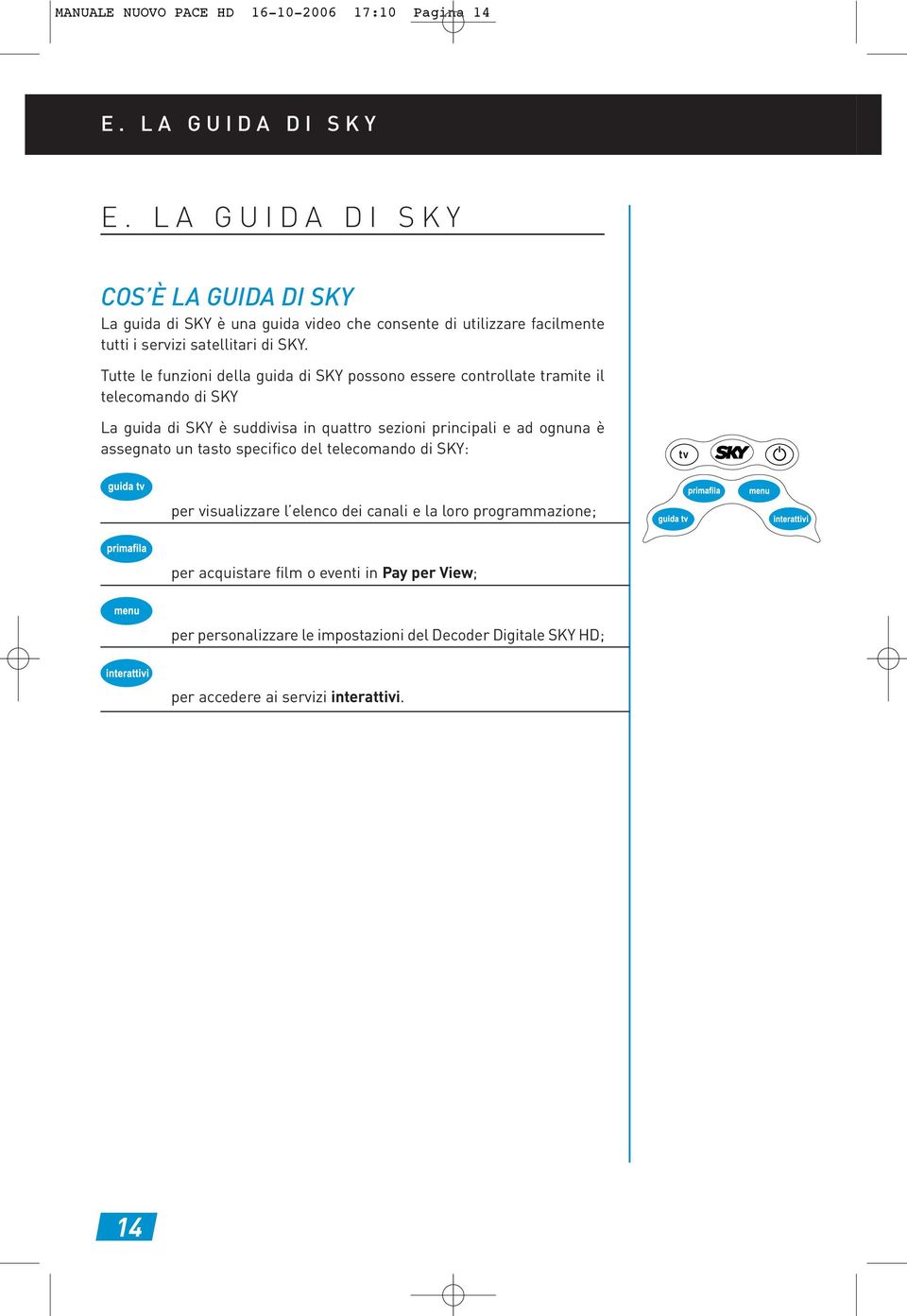 Tutte le funzioni della guida di SKY possono essere controllate tramite il telecomando di SKY La guida di SKY è suddivisa in quattro sezioni principali e ad