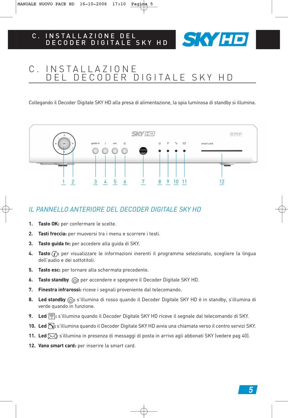 1 2 3 4 5 6 7 8 9 10 11 12 IL PANNELLO ANTERIORE DEL DECODER DIGITALE SKY HD 1. Tasto OK: per confermare le scelte. 2. Tasti freccia: per muoversi tra i menu e scorrere i testi. 3. Tasto guida tv: per accedere alla guida di SKY.