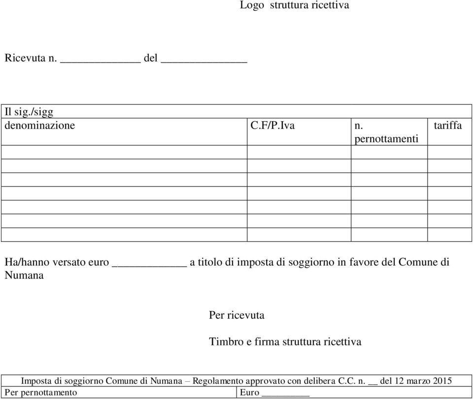 del Comune di Numana Per ricevuta Timbro e firma struttura ricettiva Imposta di soggiorno