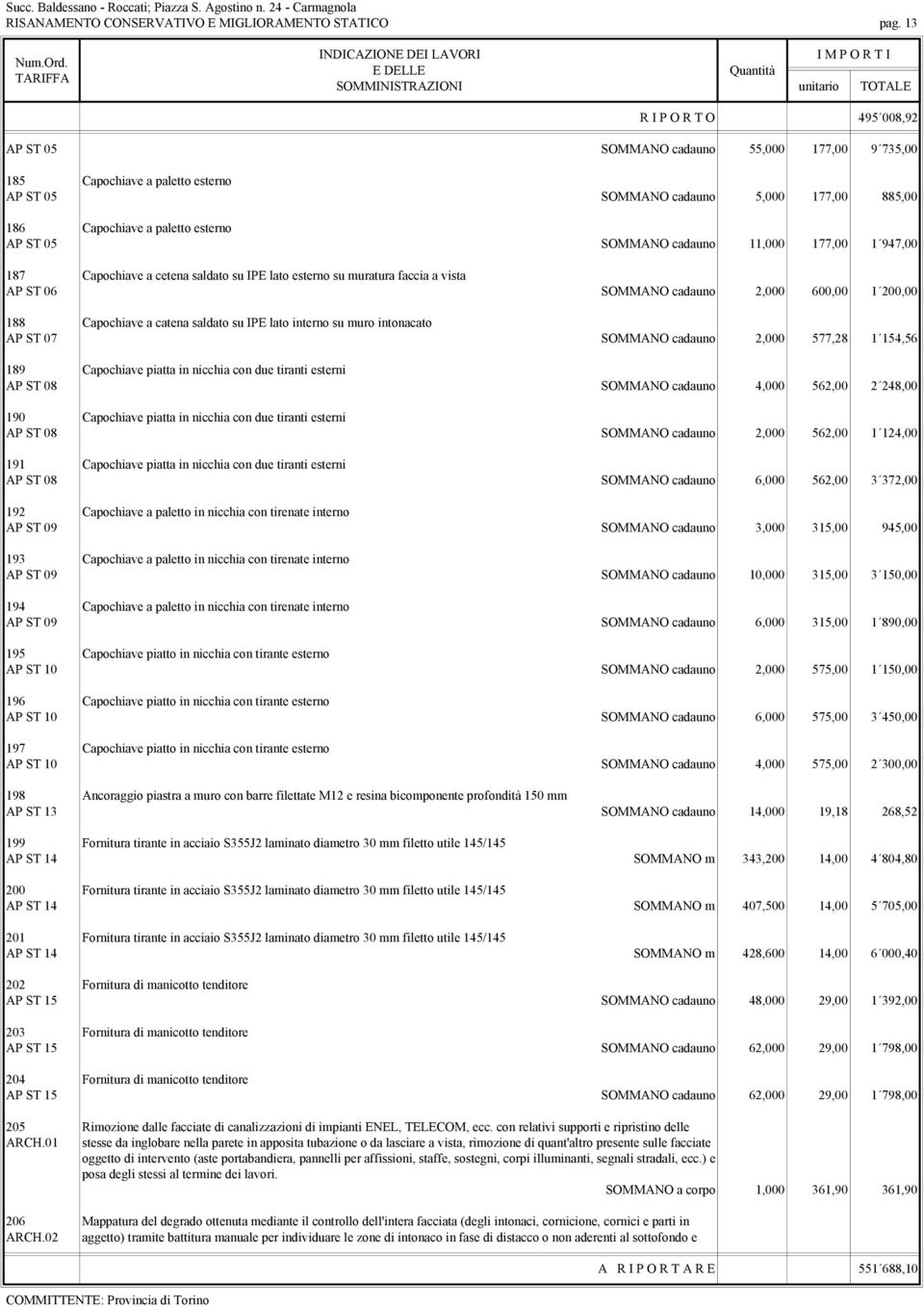 SOMMANO cadauno 11,000 177,00 1 947,00 187 Capochiave a cetena saldato su IPE lato esterno su muratura faccia a vista AP ST 06 SOMMANO cadauno 2,000 600,00 1 200,00 188 Capochiave a catena saldato su