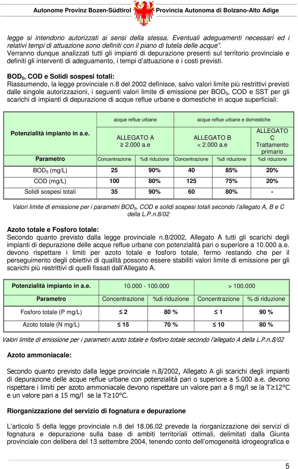 BOD 5, COD e Solidi sospesi totali: Riassumendo, la legge provinciale n.