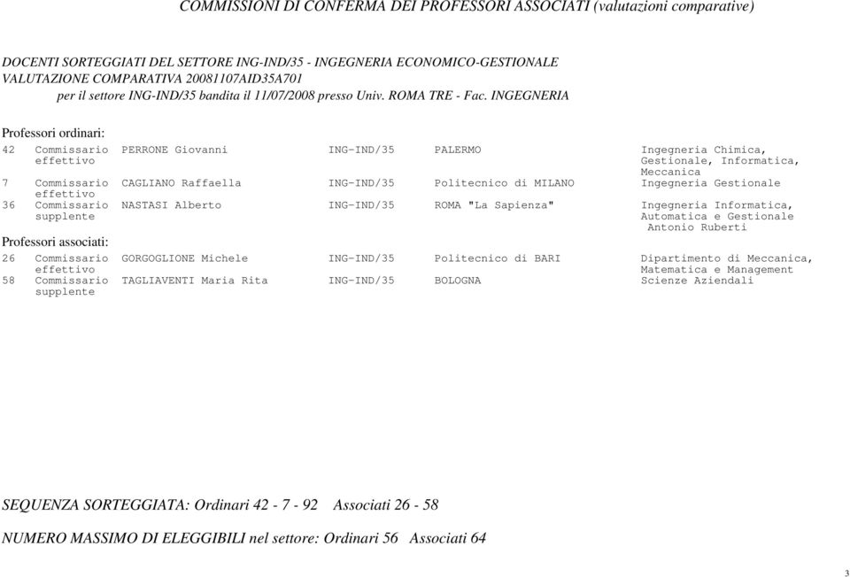 Gestionale 36 Commissario NASTASI Alberto ING-IND/35 ROMA "La Sapienza" Ingegneria Informatica, Automatica e Gestionale Antonio Ruberti 26 Commissario GORGOGLIONE Michele ING-IND/35 Politecnico di