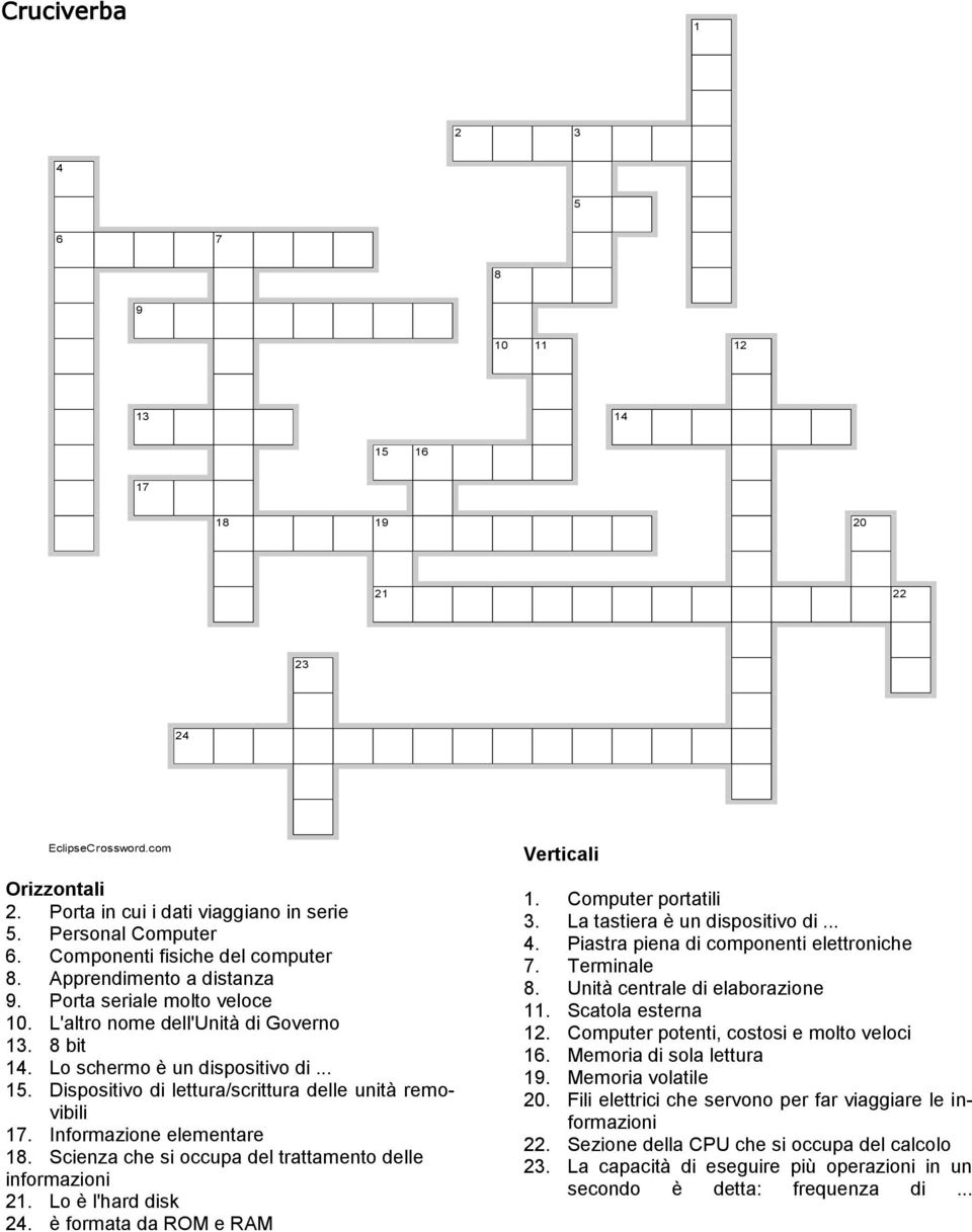 Dispositivo di lettura/scrittura delle unità removibili 17. Informazione elementare 18. Scienza che si occupa del trattamento delle informazioni 21. Lo è l'hard disk 24.