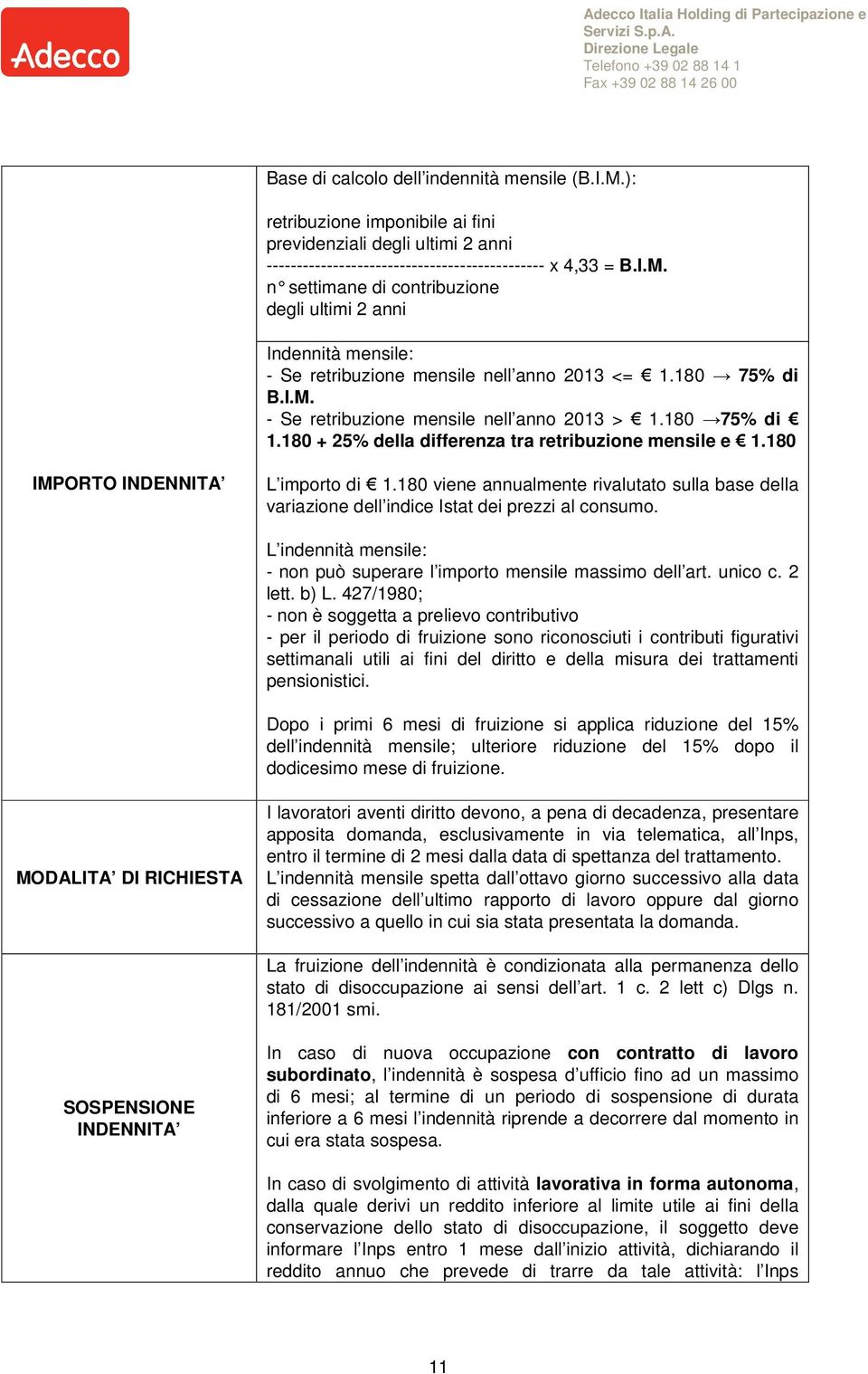 180 viene annualmente rivalutato sulla base della variazione dell indice Istat dei prezzi al consumo. L indennità mensile: - non può superare l importo mensile massimo dell art. unico c. 2 lett. b) L.