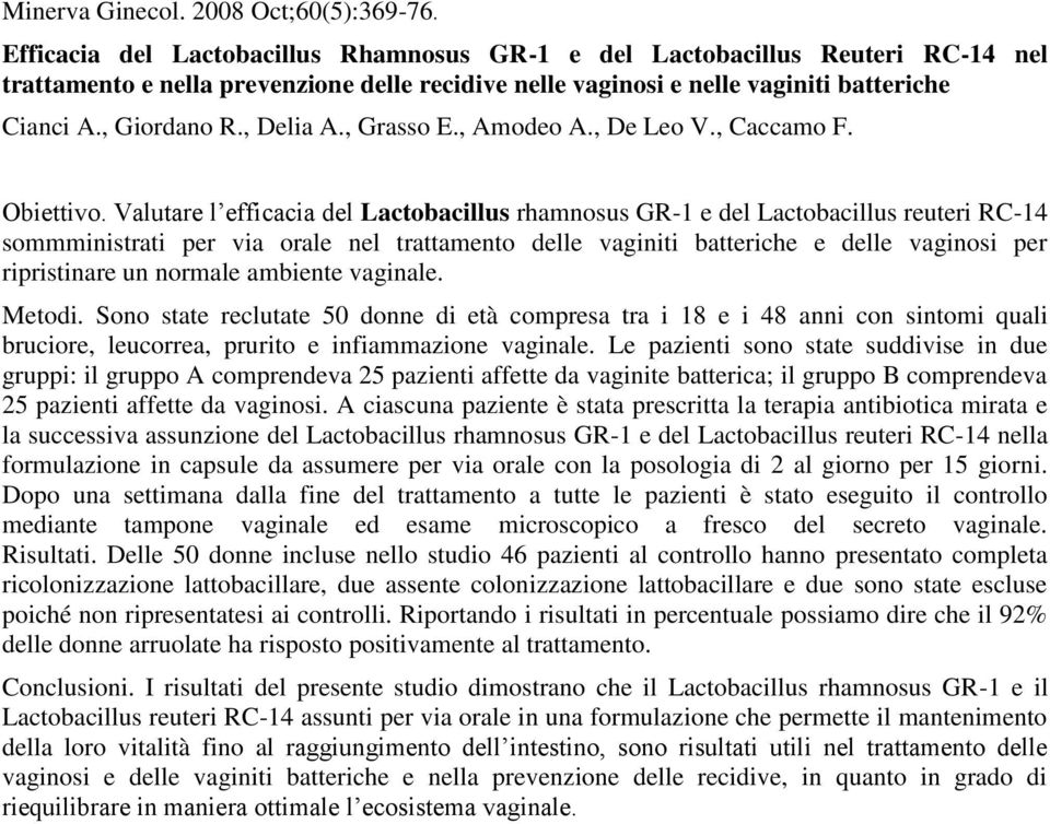 , Delia A., Grasso E., Amodeo A., De Leo V., Caccamo F. Obiettivo.