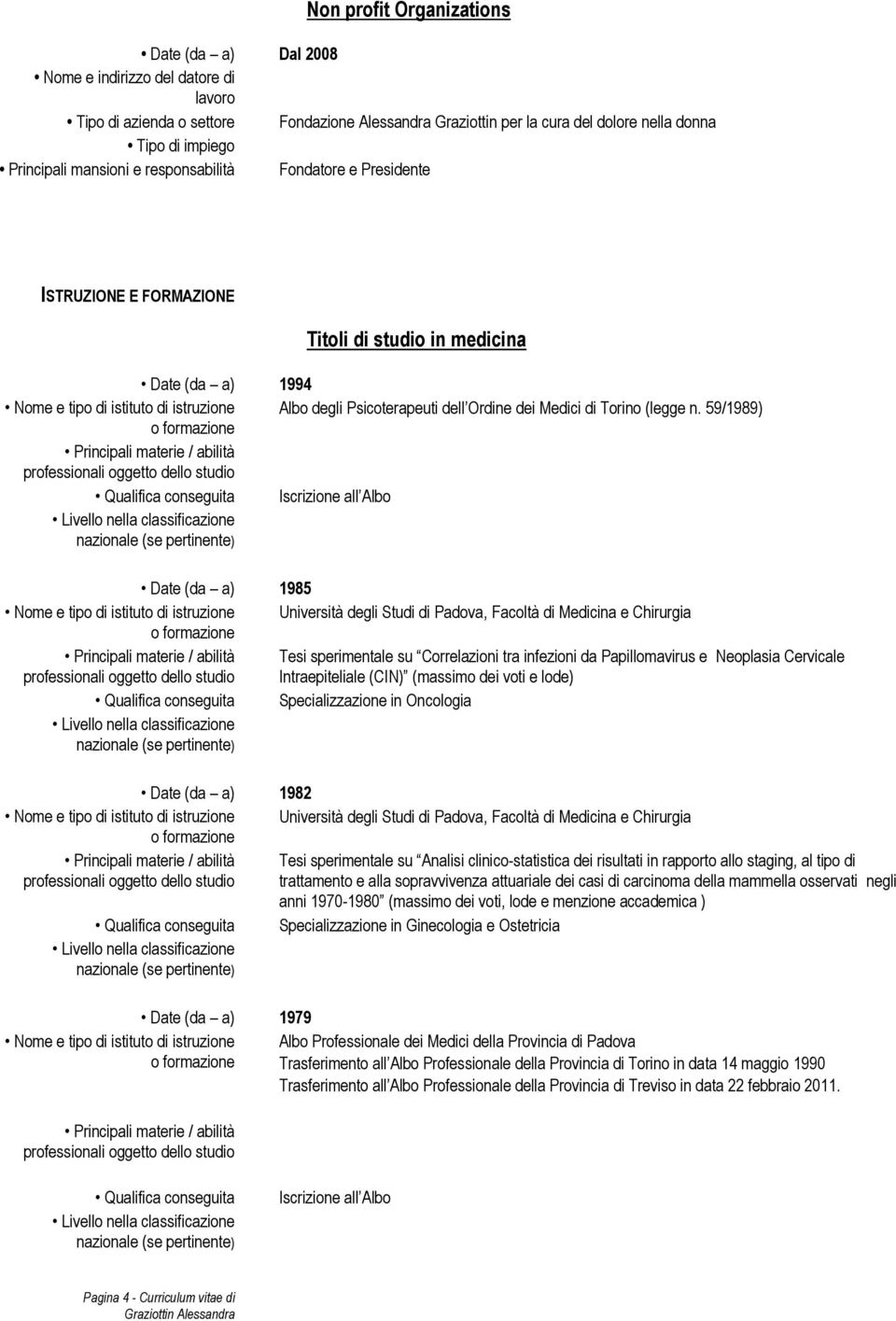 59/1989) Iscrizione all Albo Date (da a) 1985 Nome e tipo di istituto di istruzione Università degli Studi di Padova, Facoltà di Medicina e Chirurgia Tesi sperimentale su Correlazioni tra infezioni