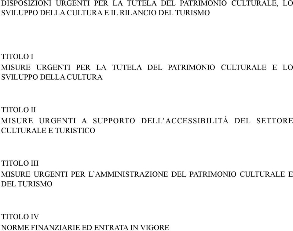 II MISURE URGENTI A SUPPORTO DELL ACCESSIBILITÀ DEL SETTORE CULTURALE E TURISTICO TITOLO III MISURE