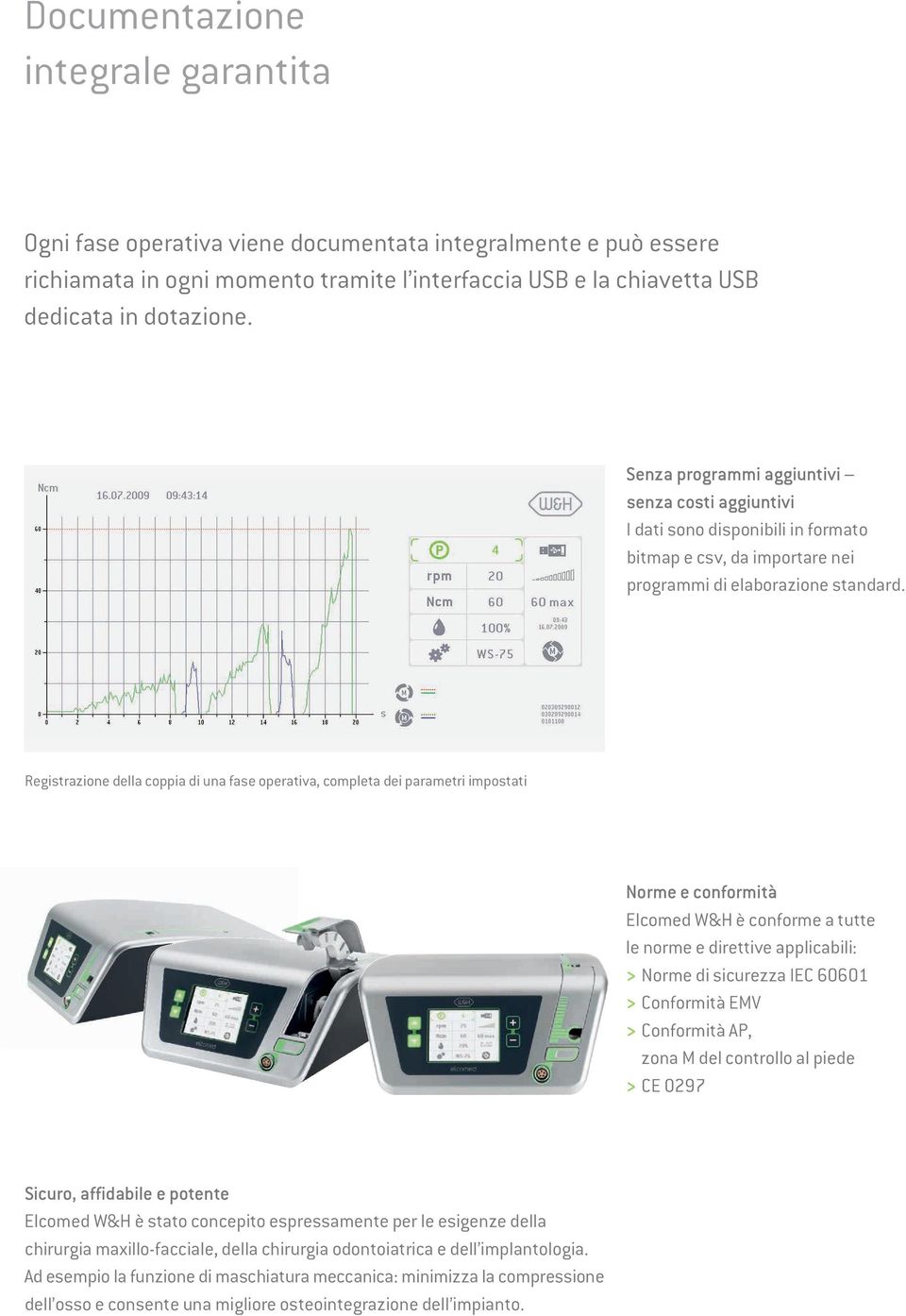 Registrazione della coppia di una fase operativa, completa dei parametri impostati Norme e conformità Elcomed W&H è conforme a tutte le norme e direttive applicabili: > Norme di sicurezza IEC 60601 >