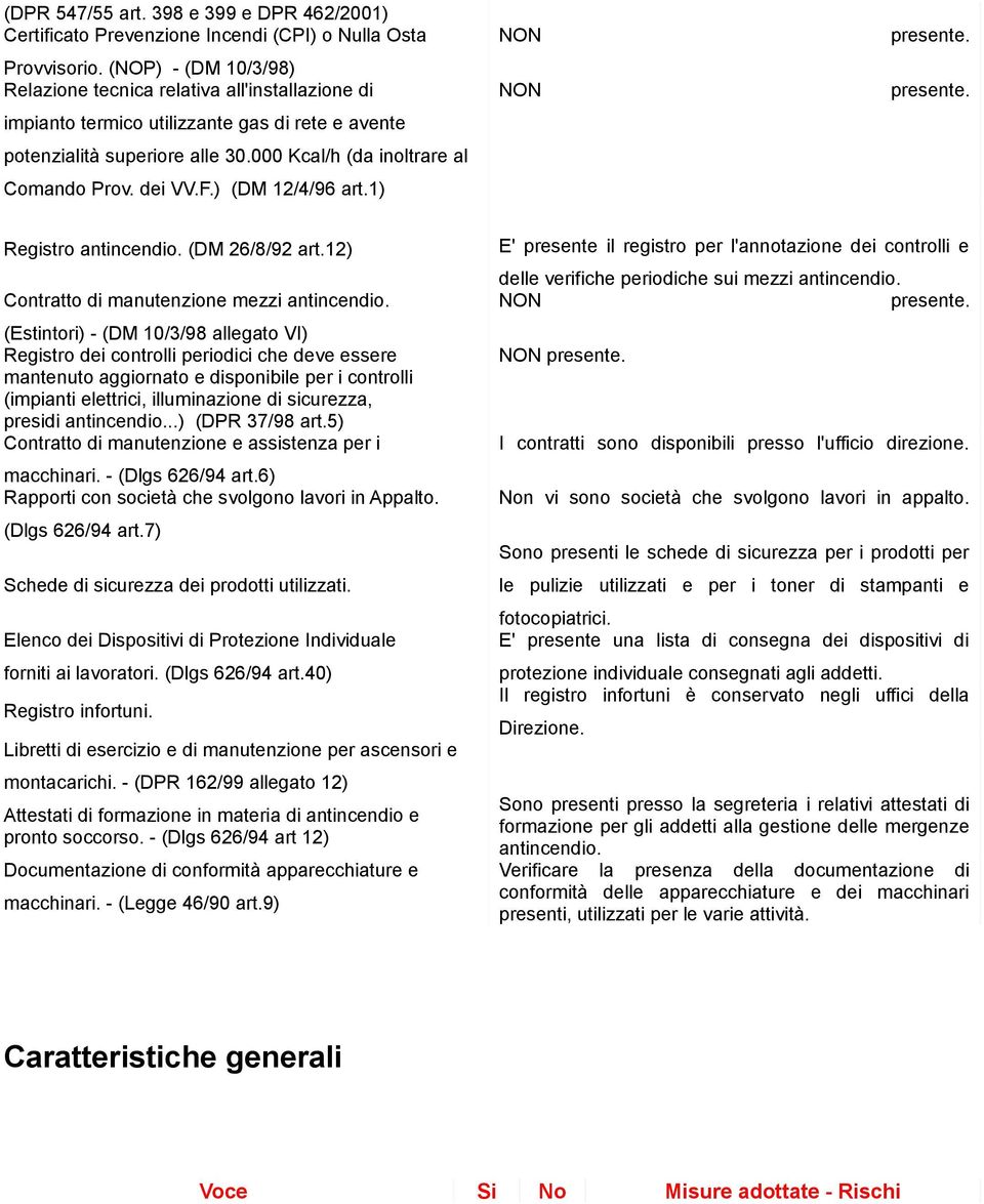 F.) (DM 12/4/96 art.1) NON presente. NON presente. Registro antincendio. (DM 26/8/92 art.12) Contratto di manutenzione mezzi antincendio.