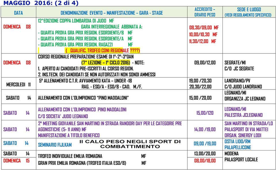 ???) CORSO REGIONALE PREPARAZIONE ESAME DI 1-2 -3 DAN (7^ LEZIONE 1 CICLO 2016) - NOTE: 1. APERTO AI CANDIDATI PRE-ISCRITTI AL CORSO REGION. 2. INS.TECN.