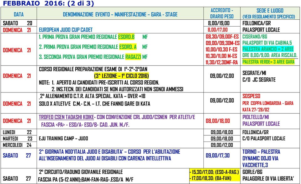 A MF DOMENICA 21 10,00/10,30 F-ES PALESTRA ARANCIO = 2 AREE 3. SECONDA PROVA GRAN PREMIO REGIONALE RAGAZZI MF 10,30/11,00 M-ES ORE 8,00/9,00: AREA RISCALD.