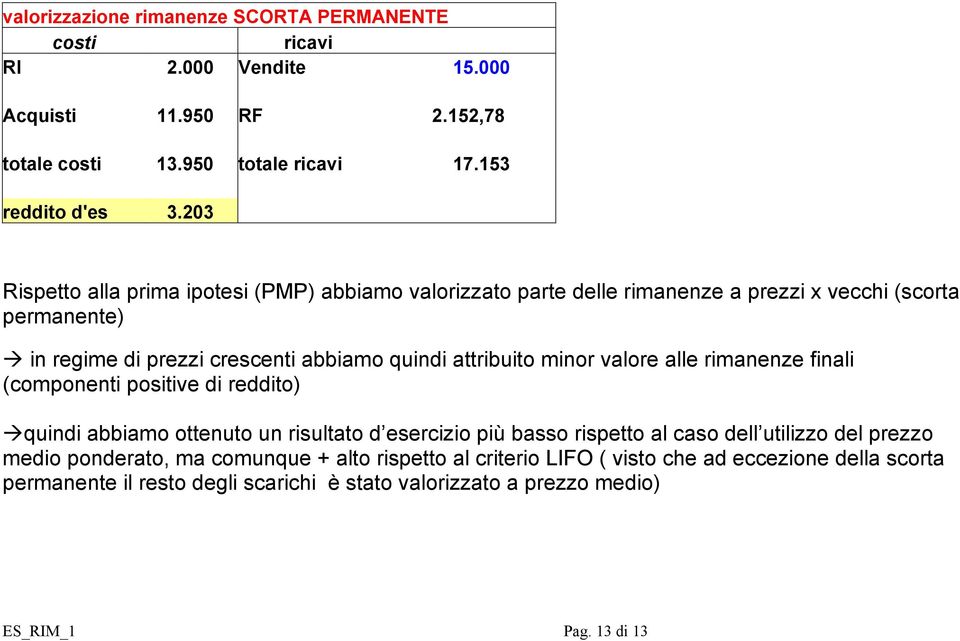 minor valore alle rimanenze finali (componenti positive di reddito) quindi abbiamo ottenuto un risultato d esercizio più basso rispetto al caso dell utilizzo del prezzo medio