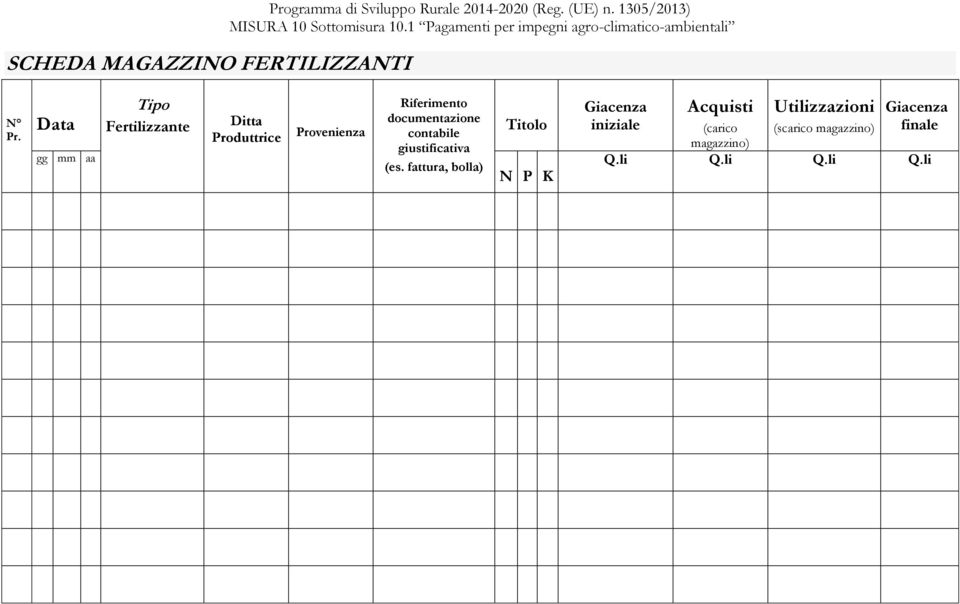 Data gg mm aa Tipo Fertilizzante Ditta Produttrice Provenienza Riferimento documentazione contabile