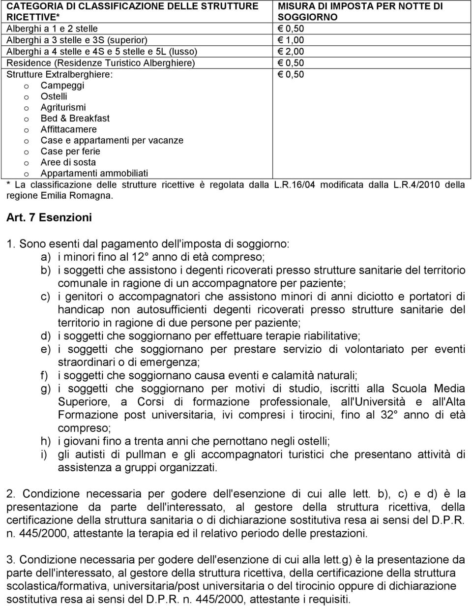 per vacanze o Case per ferie o Aree di sosta o Appartamenti ammobiliati * La classificazione delle strutture ricettive è regolata dalla L.R.16/04 modificata dalla L.R.4/2010 della regione Emilia Romagna.