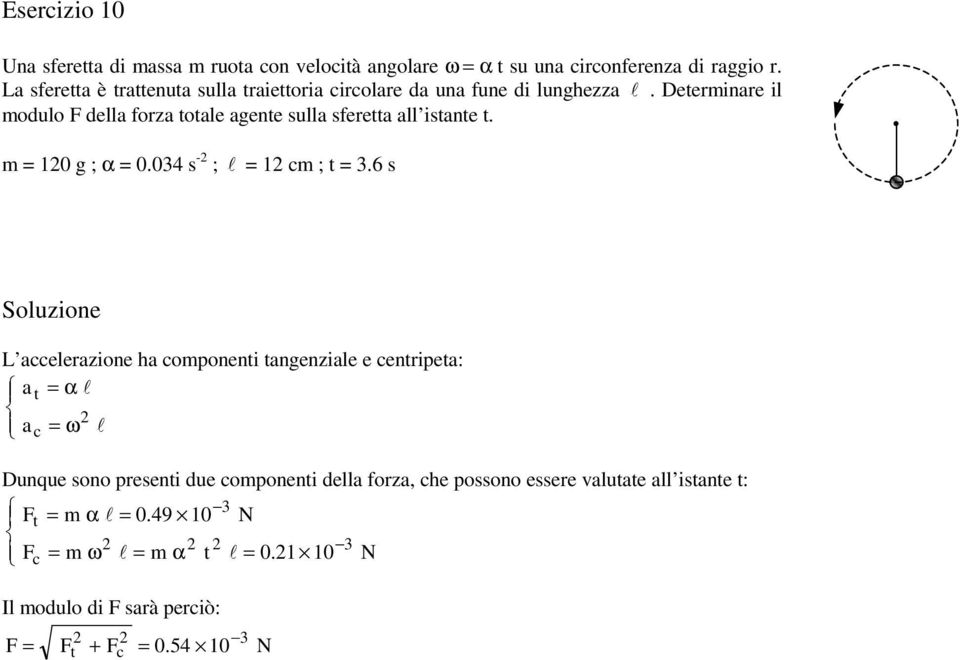 Deterinare il dul F della frza ttale aente sulla sferetta all istante t. 0 ; α 0.034 s - ; l c ; t 3.