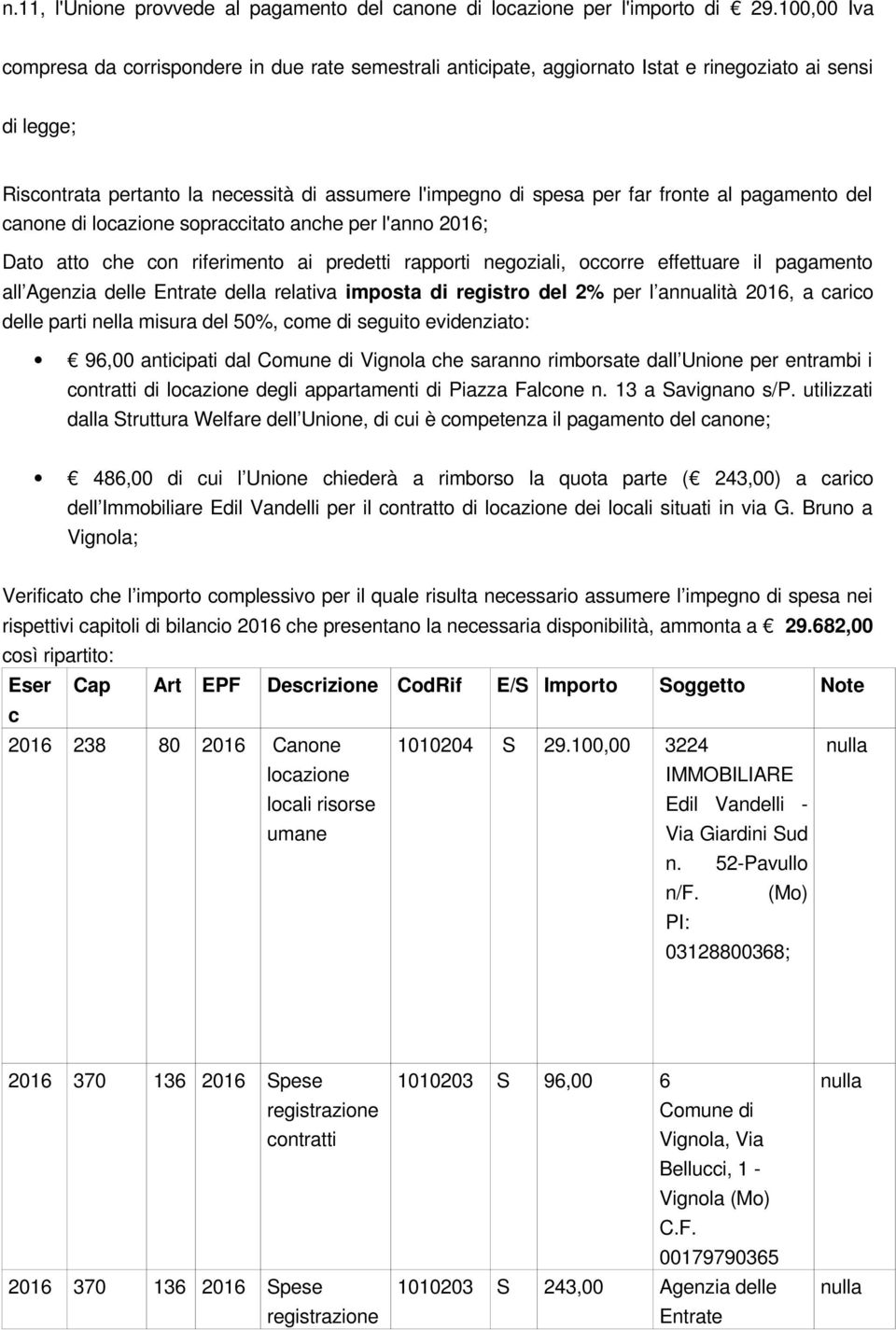 fronte al pagamento del canone di locazione sopraccitato anche per l'anno 2016; Dato atto che con riferimento ai predetti rapporti negoziali, occorre effettuare il pagamento all Agenzia delle della