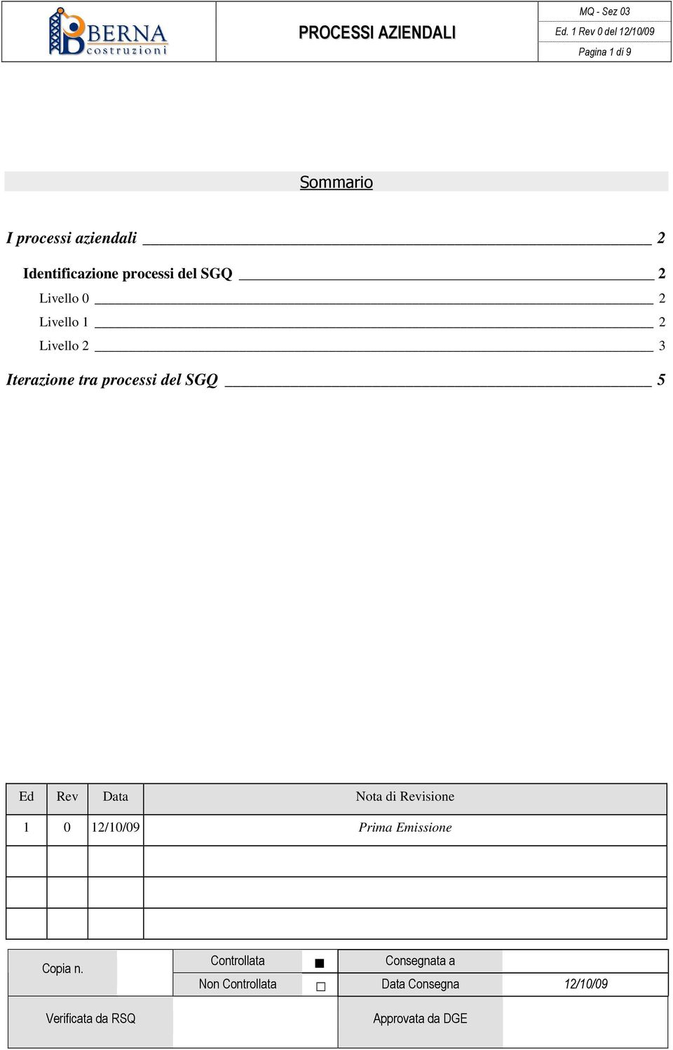 processi del SGQ 5 Ed Rev Data Nota di Revisione 1 0 12/10/09 Prima Emissione Copia n.