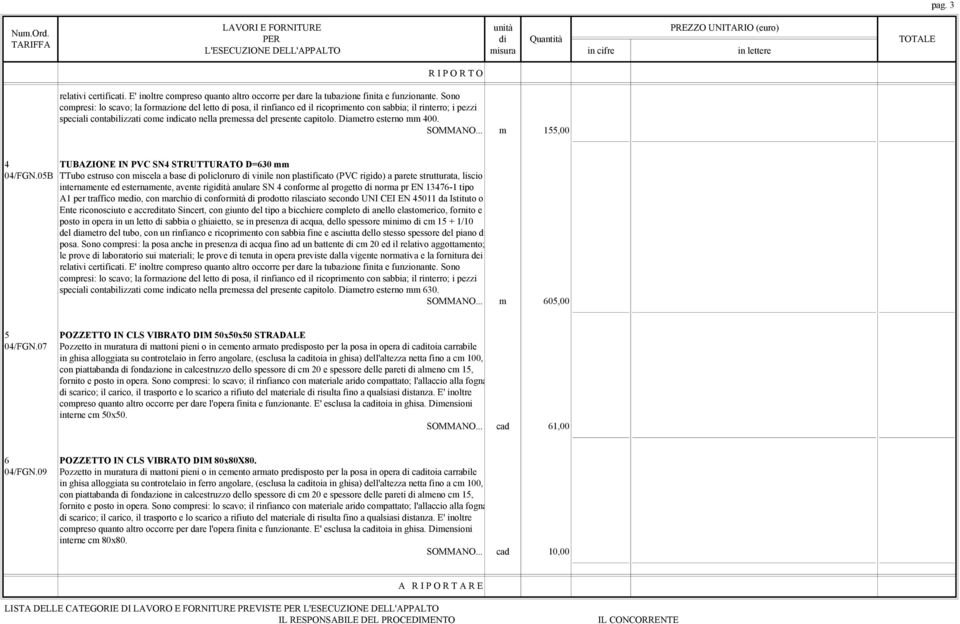 Diametro esterno mm 400. SOMMANO... m 155,00 4 TUBAZIONE IN PVC SN4 STRUTTURATO D=630 mm 04/FGN.