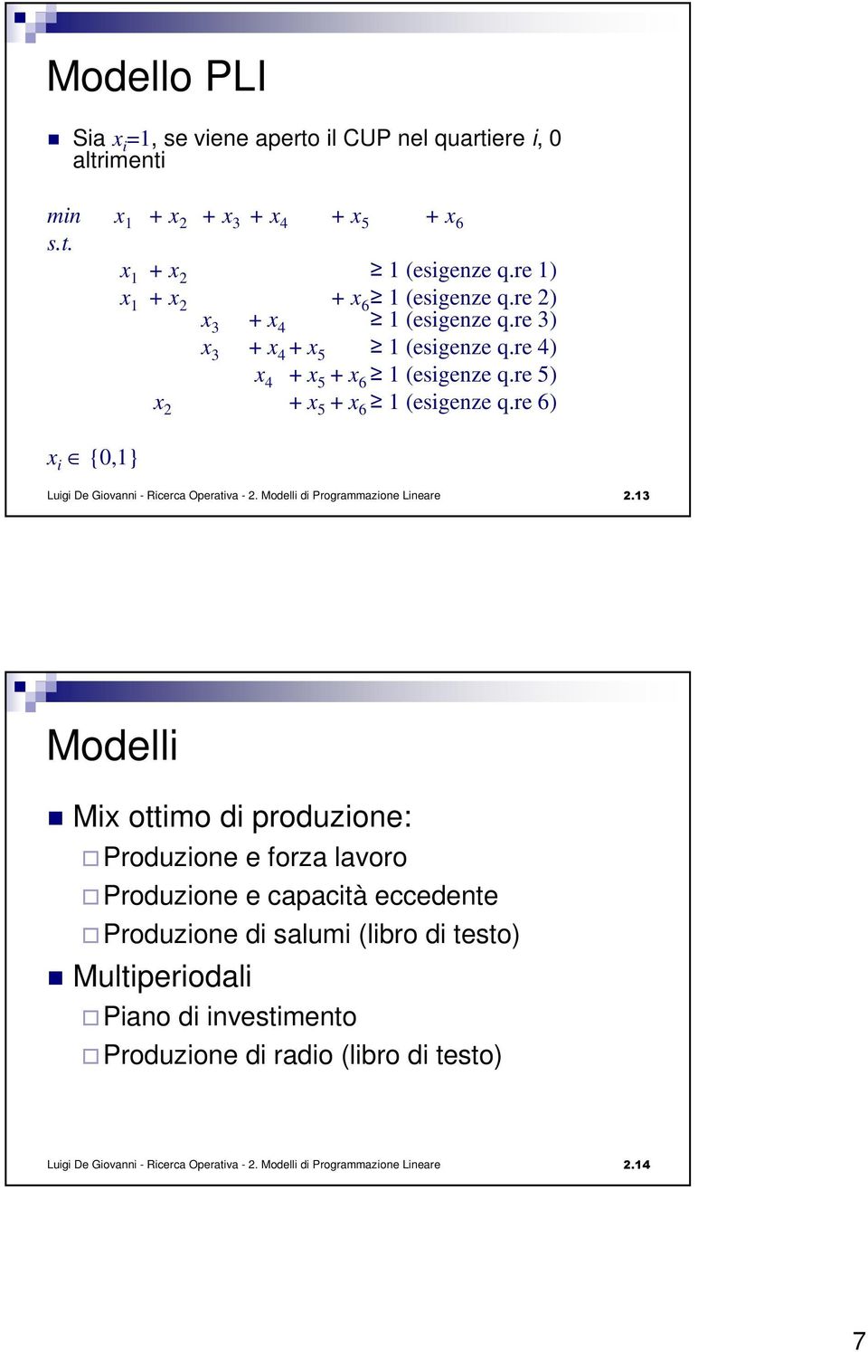 re 6) x i {0,1} Luigi De Giovanni - Ricerca Operativa - 2. Modelli di Programmazione Lineare 2.