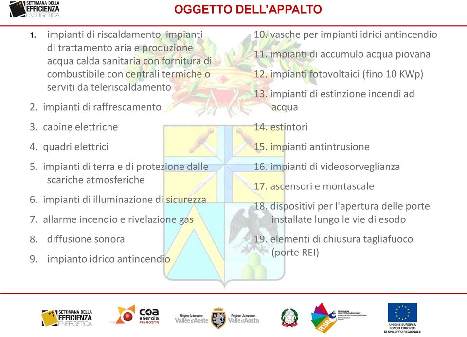 allarme incendio e rivelazione gas 8. diffusione sonora 9. impianto idrico antincendio 10. vasche per impianti idrici antincendio 11. impianti di accumulo acqua piovana 12.