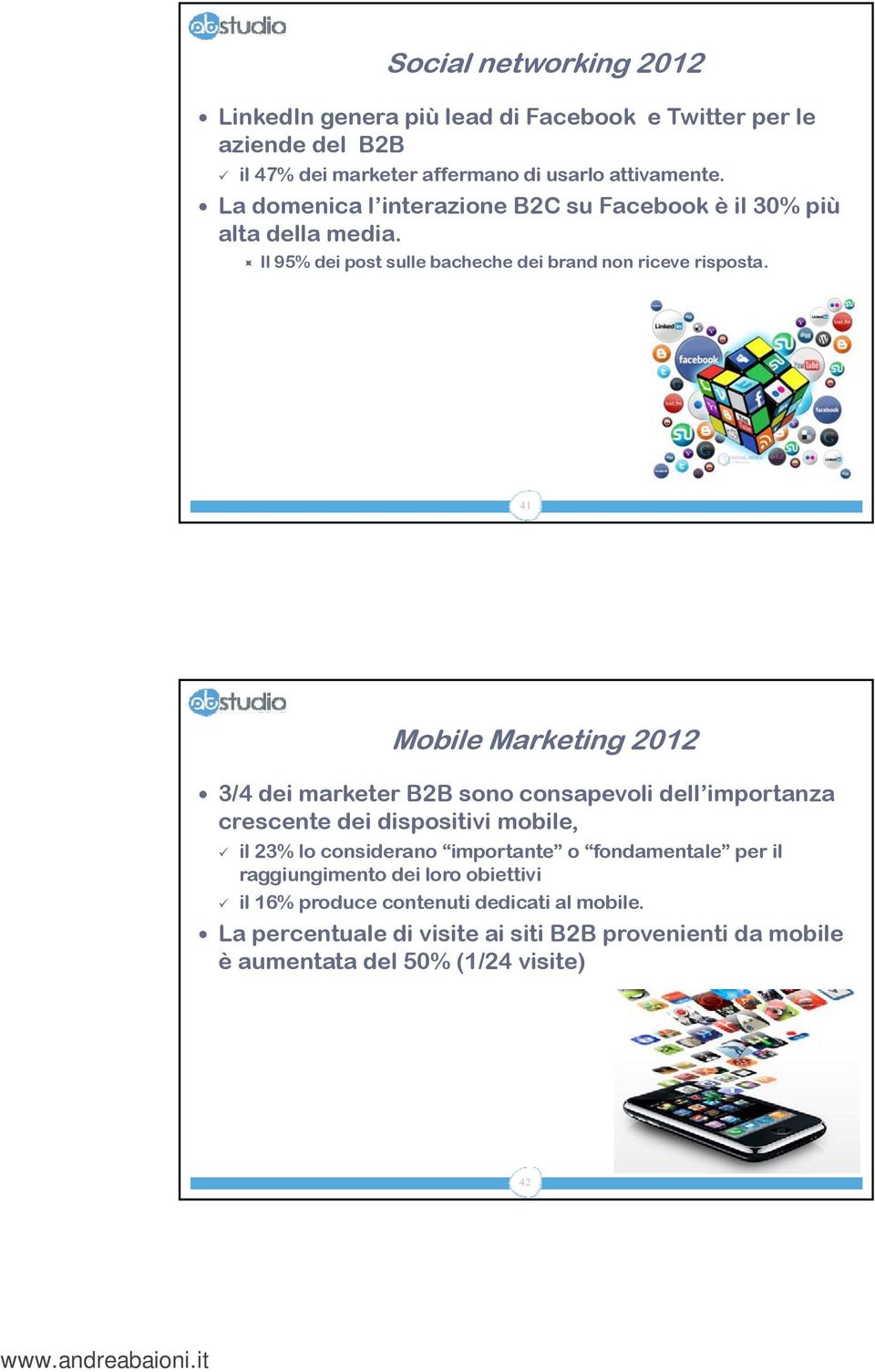 41 Mobile Marketing 2012 3/4 dei marketer B2B sono consapevoli dell importanza crescente dei dispositivi mobile, il 23% lo considerano importante o