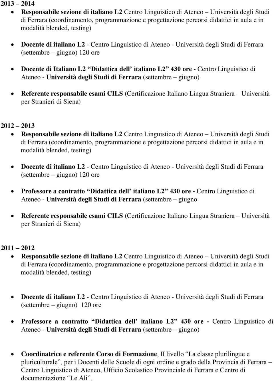 Docente di italiano L2 - Centro Linguistico di Ateneo - Università degli Studi di Ferrara (settembre giugno) 120 ore Professore a contratto Didattica dell italiano L2 430 ore - Centro Linguistico di