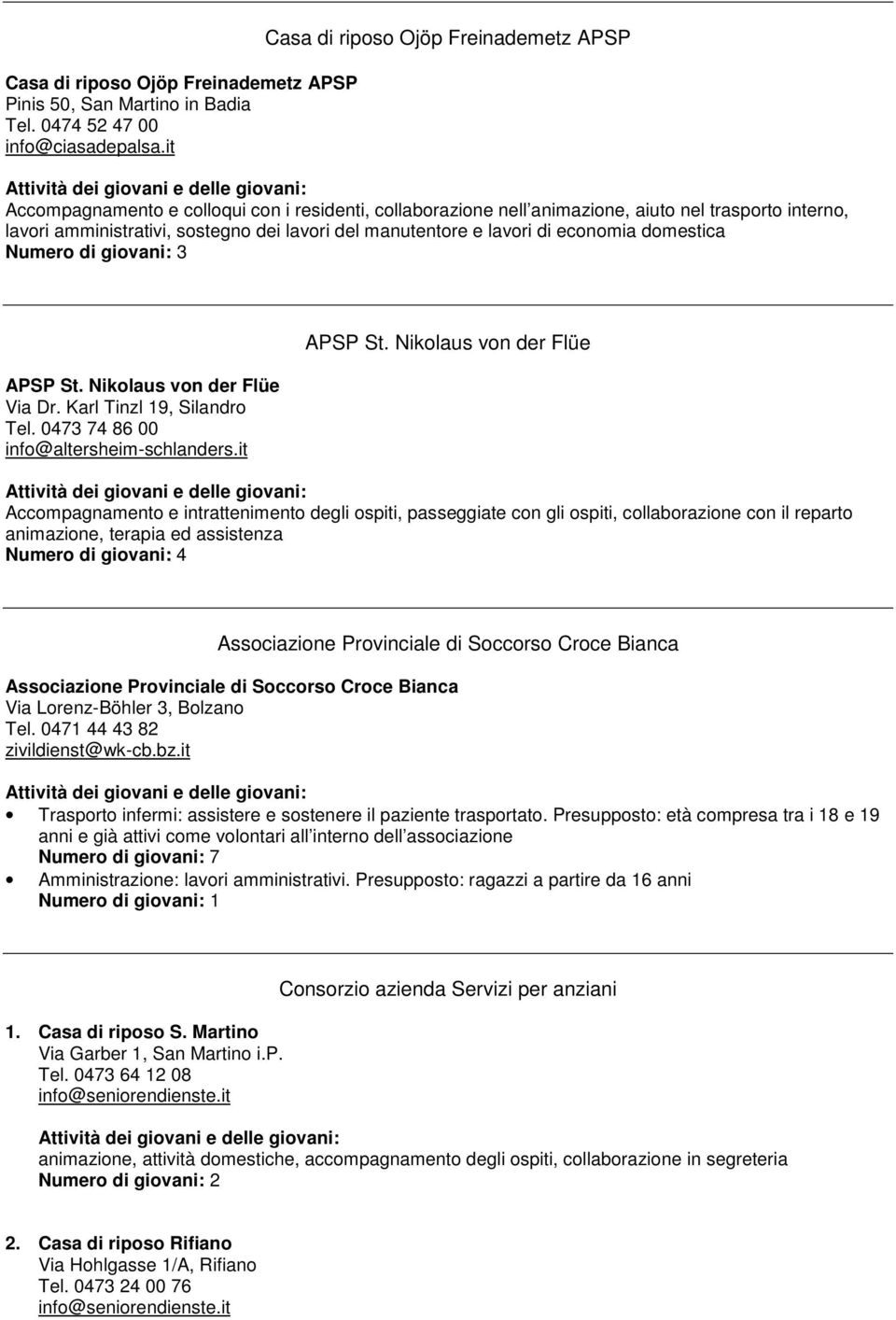 manutentore e lavori di economia domestica Numero di giovani: 3 APSP St. Nikolaus von der Flüe Via Dr. Karl Tinzl 19, Silandro Tel. 0473 74 86 00 info@altersheim-schlanders.it APSP St.