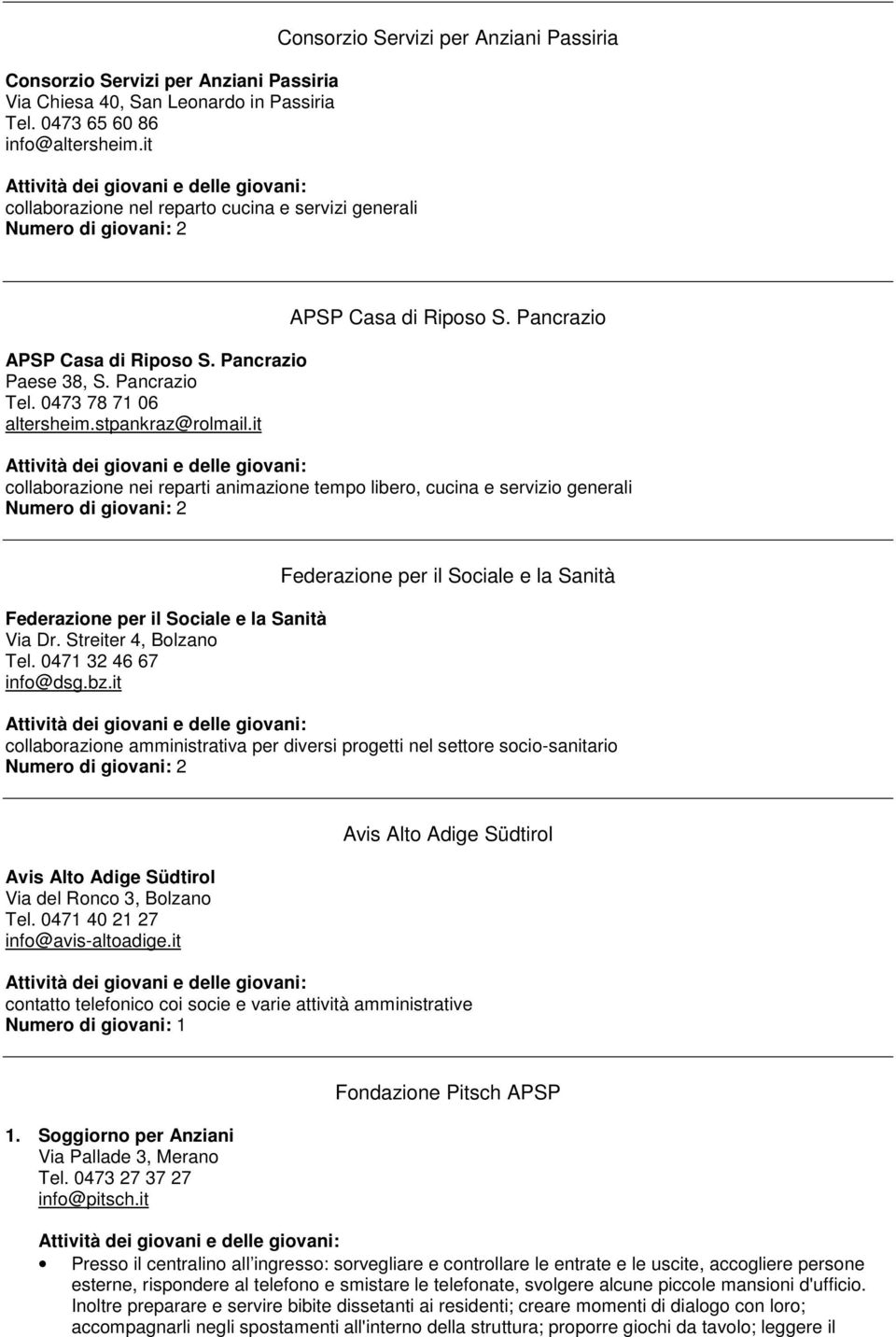 it APSP Casa di Riposo S. Pancrazio collaborazione nei reparti animazione tempo libero, cucina e servizio generali Federazione per il Sociale e la Sanità Via Dr. Streiter 4, Bolzano Tel.