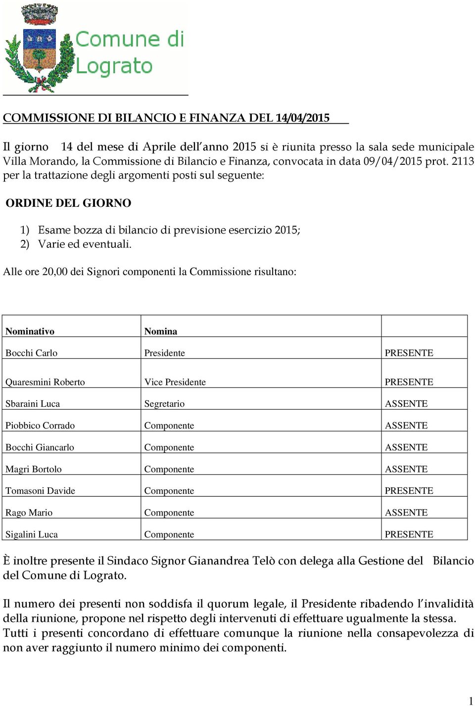 Alle ore 20,00 dei Signori componenti la Commissione risultano: Nominativo Nomina Bocchi Carlo Presidente PRESENTE Quaresmini Roberto Vice Presidente PRESENTE Sbaraini Luca Segretario ASSENTE