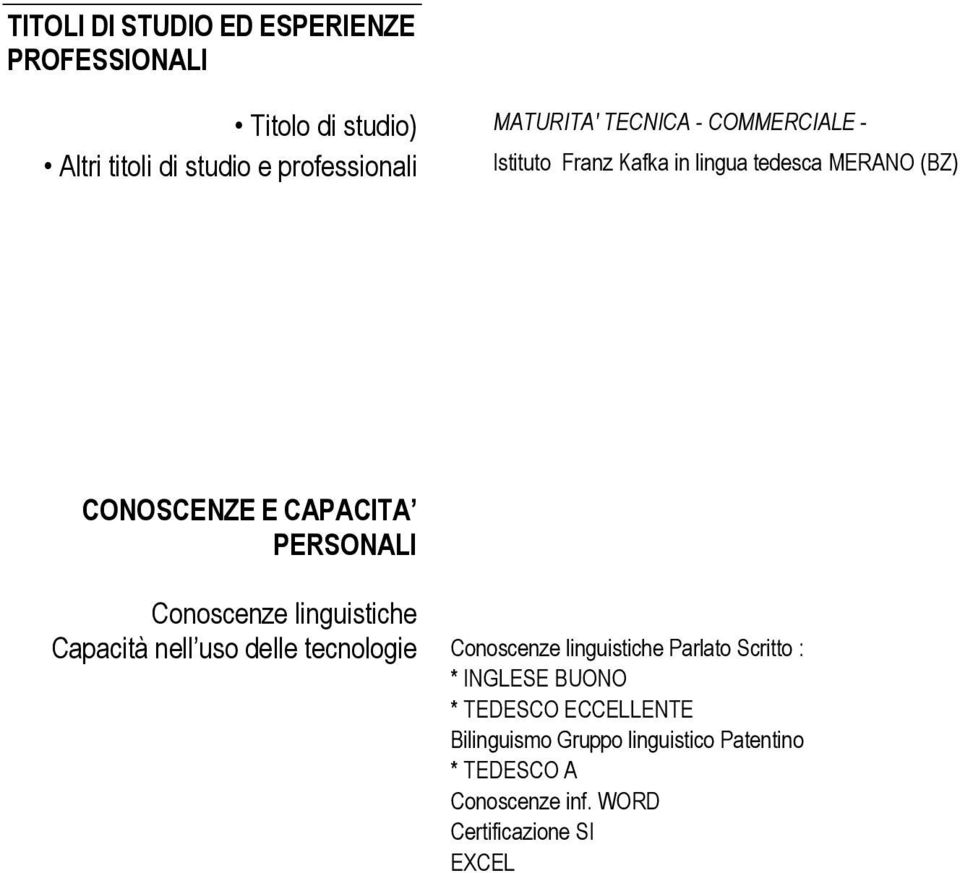 Conoscenze linguistiche Capacità nell uso delle tecnologie Conoscenze linguistiche Parlato Scritto : * INGLESE