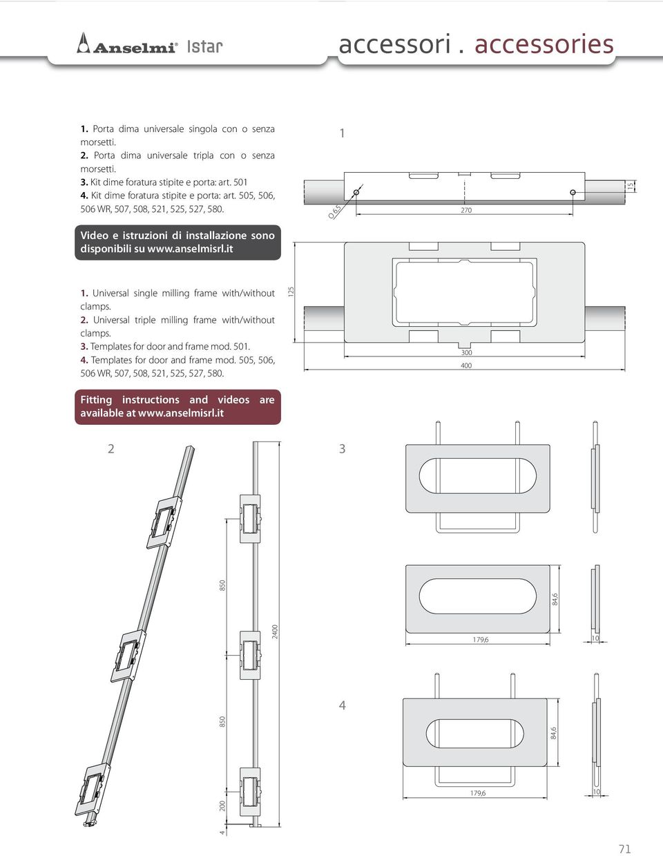 it 1. Universal single milling frame with/without clamps. 2. Universal triple milling frame with/without clamps. 3. Templates for door and frame mod. 501. 4.